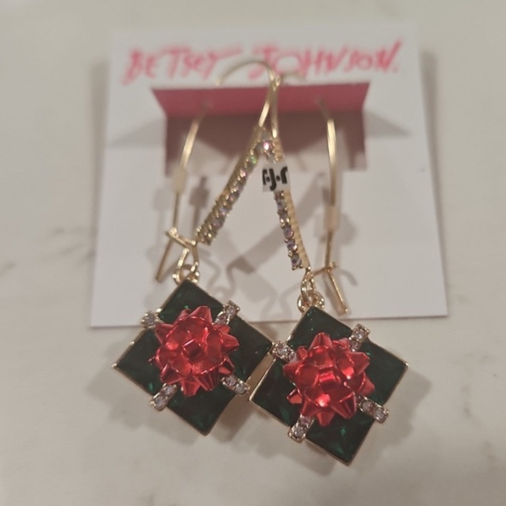 BETSEY JOHNSON Christmas Holiday Shiny Wrapped Gift or Present Earrings NEW NWT